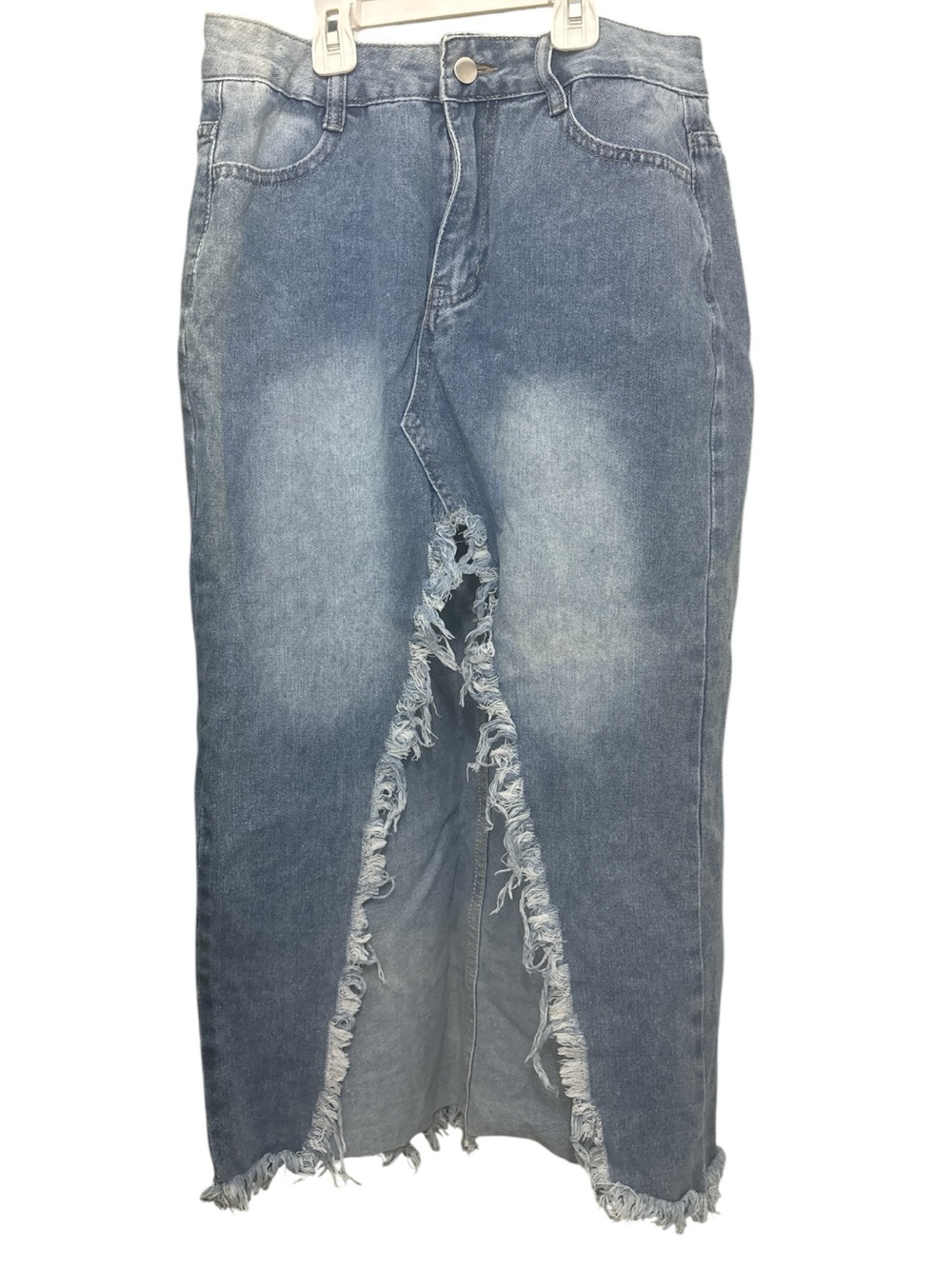 Blue Distressed Frayed Hem Women's Denim Skirt